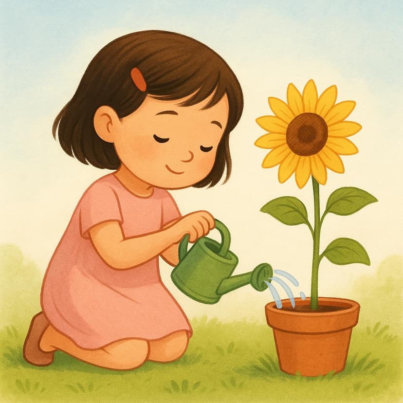 小さな女の子が、鉢植えの明るい黄色のひまわりに、ミニチュアのじょうろで慎重に水をやっている様子。植物の世話をする行為を示している。