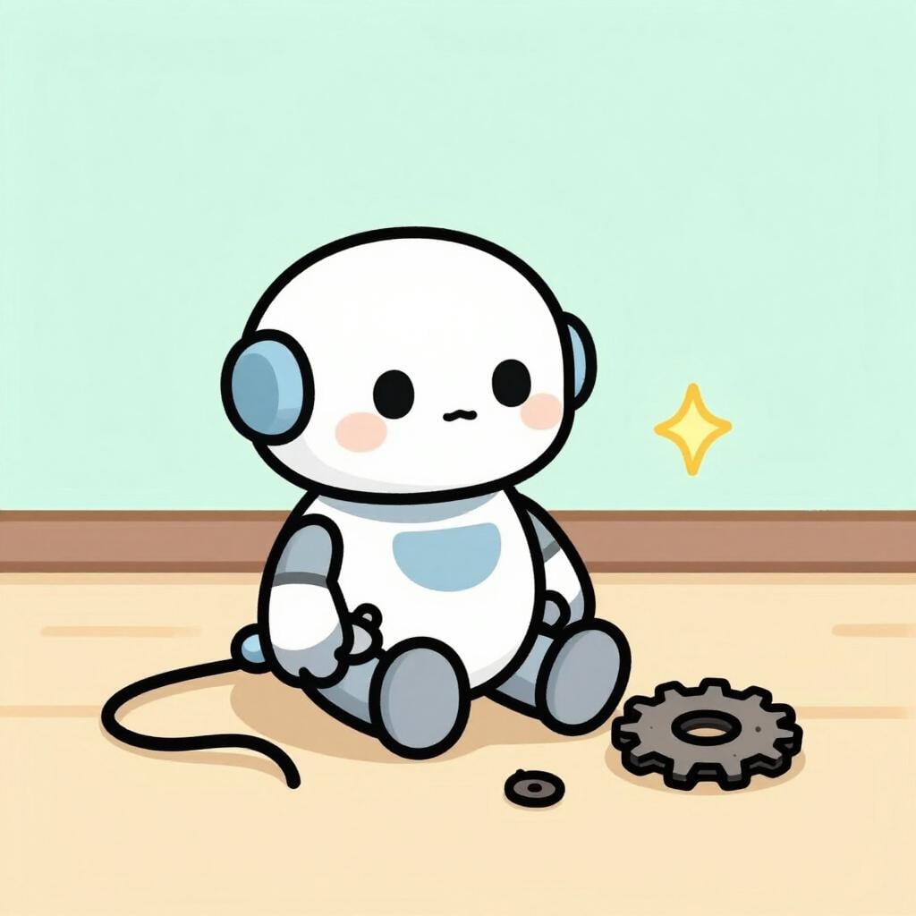 A colorful storybook illustration of a small robot with a loose, sparking wire and a missing gear lying on the ground.