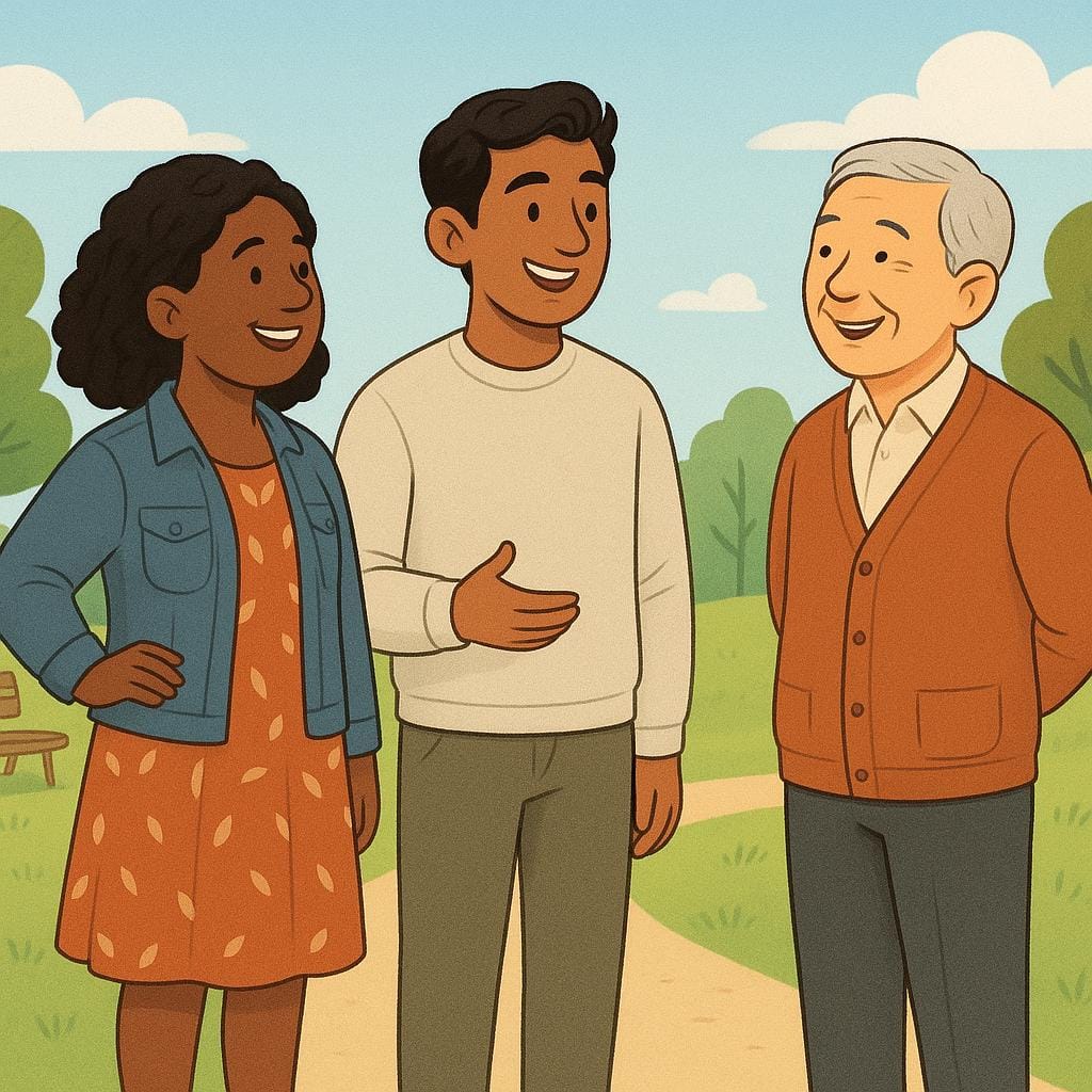 Three diverse adults standing closely together, smiling and engaged in conversation, symbolizing a social circle.