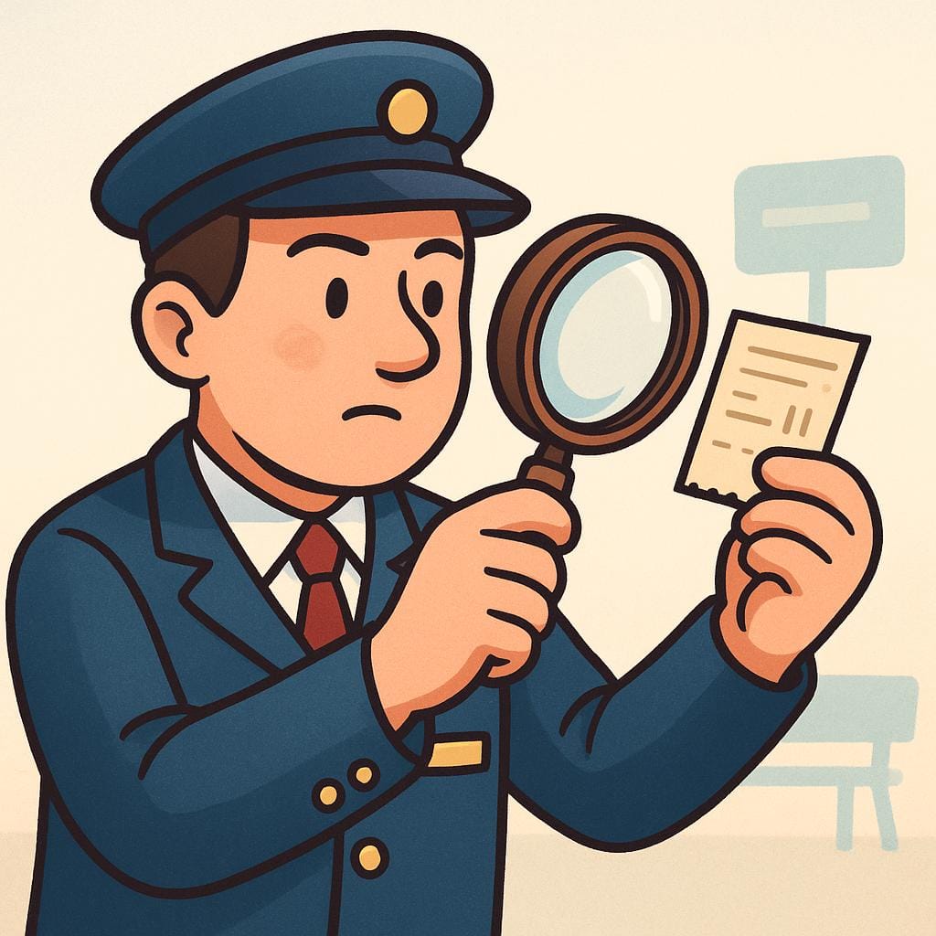 A uniformed inspector using a magnifying glass to closely examine a ticket.