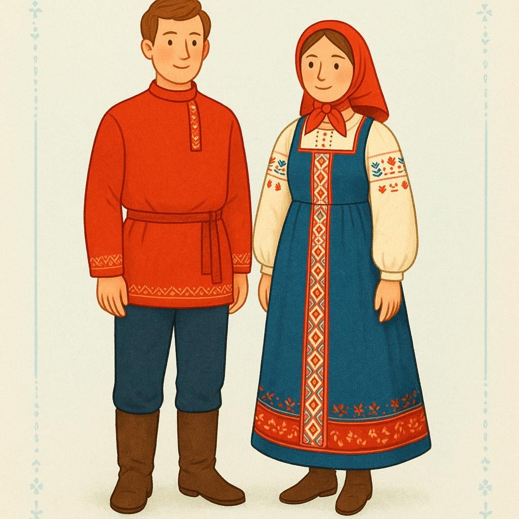Two standing figures, a man and a woman, wearing simple traditional Russian attire. The man wears a red kosovorotka shirt and the woman wears a sarafan dress.