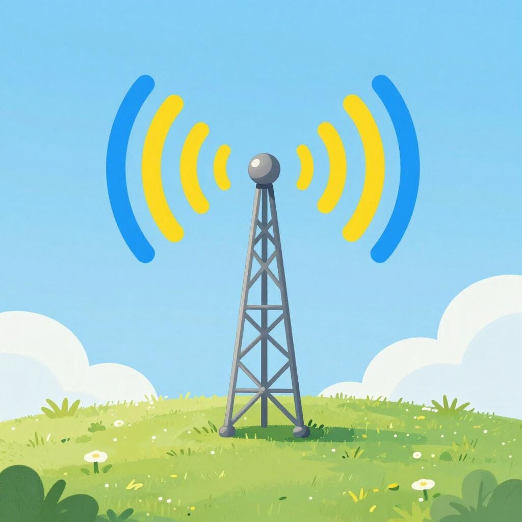 A small electronic radio tower on a green hill emitting colorful signal waves into the sky.