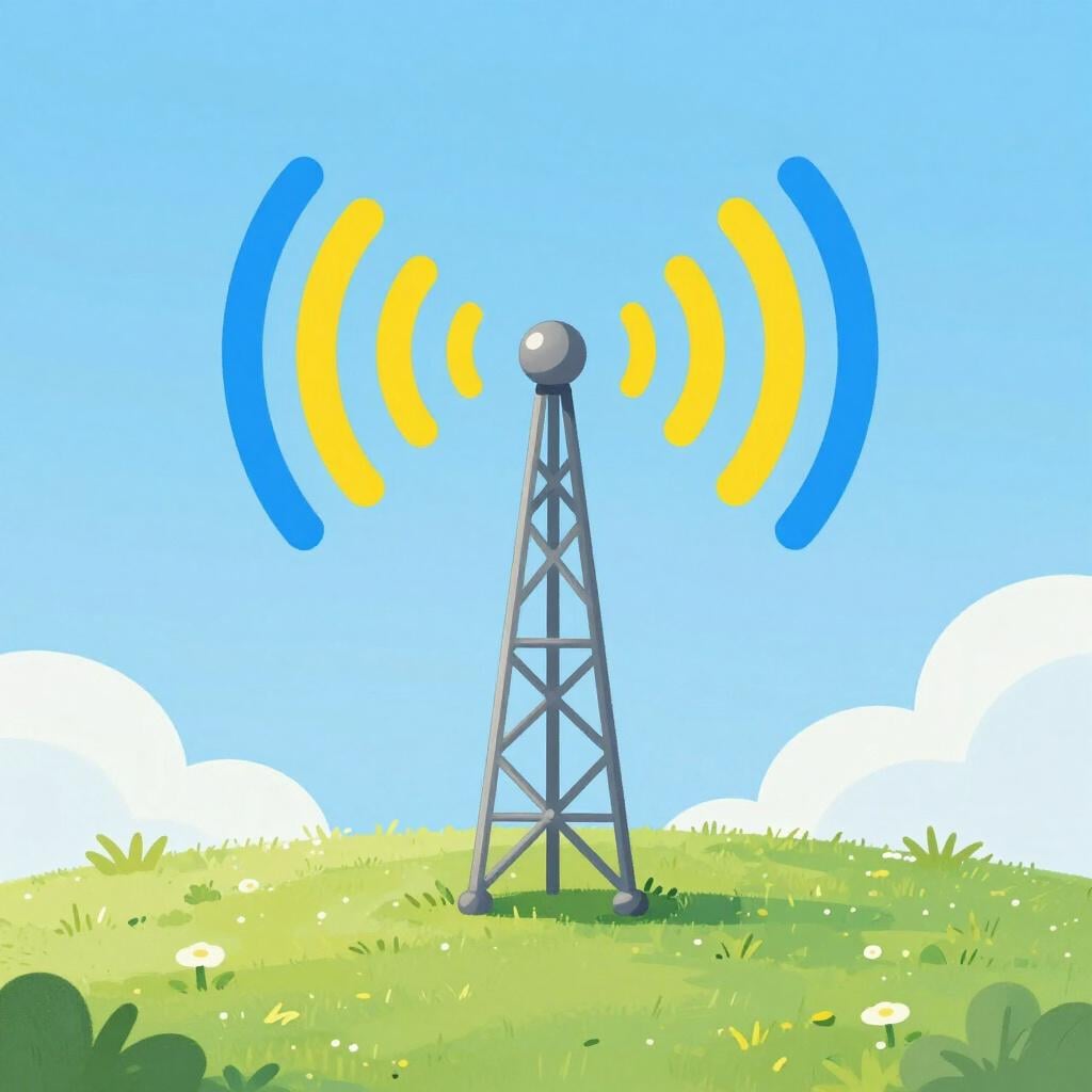 A small electronic radio tower on a green hill emitting colorful signal waves into the sky.