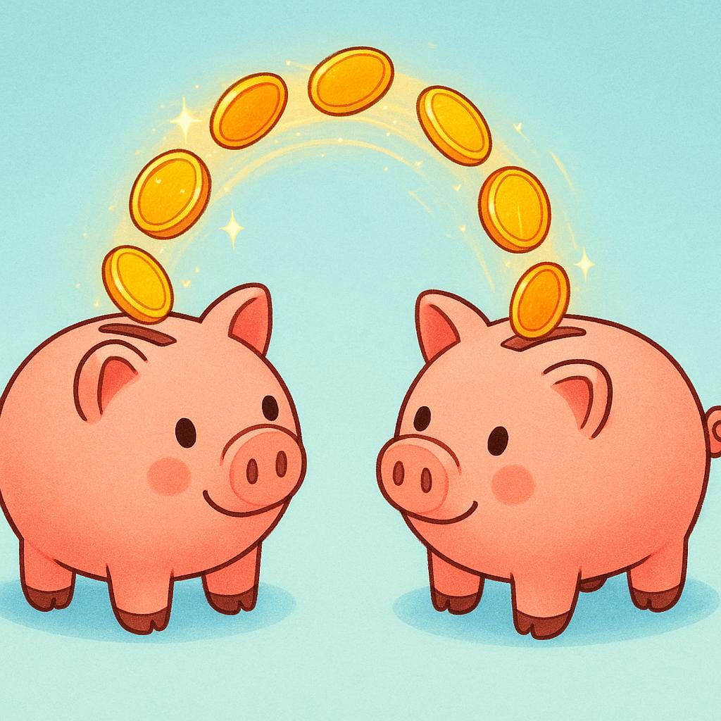 A vibrant illustration showing a stream of colorful coins flying from one stylized piggy bank to another, symbolizing a bank transfer.