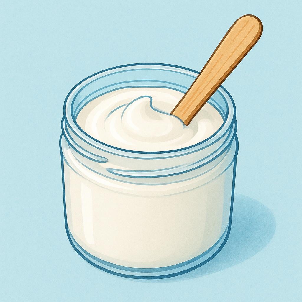 A small clear jar filled with thick white paste, with a wooden stirring stick resting inside the jar.