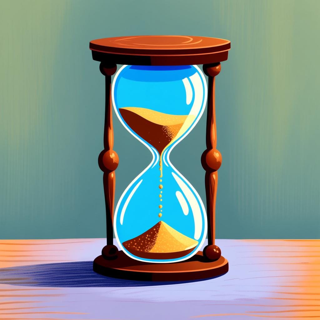A classic, simple hourglass standing on a table with sand actively flowing from the top chamber to the bottom chamber, symbolizing the passage of 60 seconds.