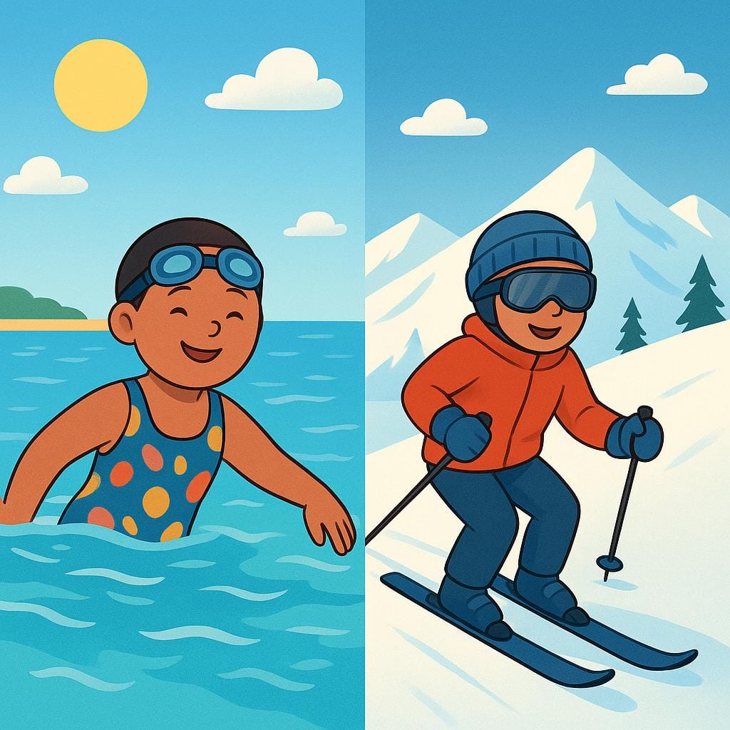 A vertical split image showing two contrasting scenarios: on the left, a person swimming in the ocean on a sunny day; on the right, the same person skiing on a snowy mountain.