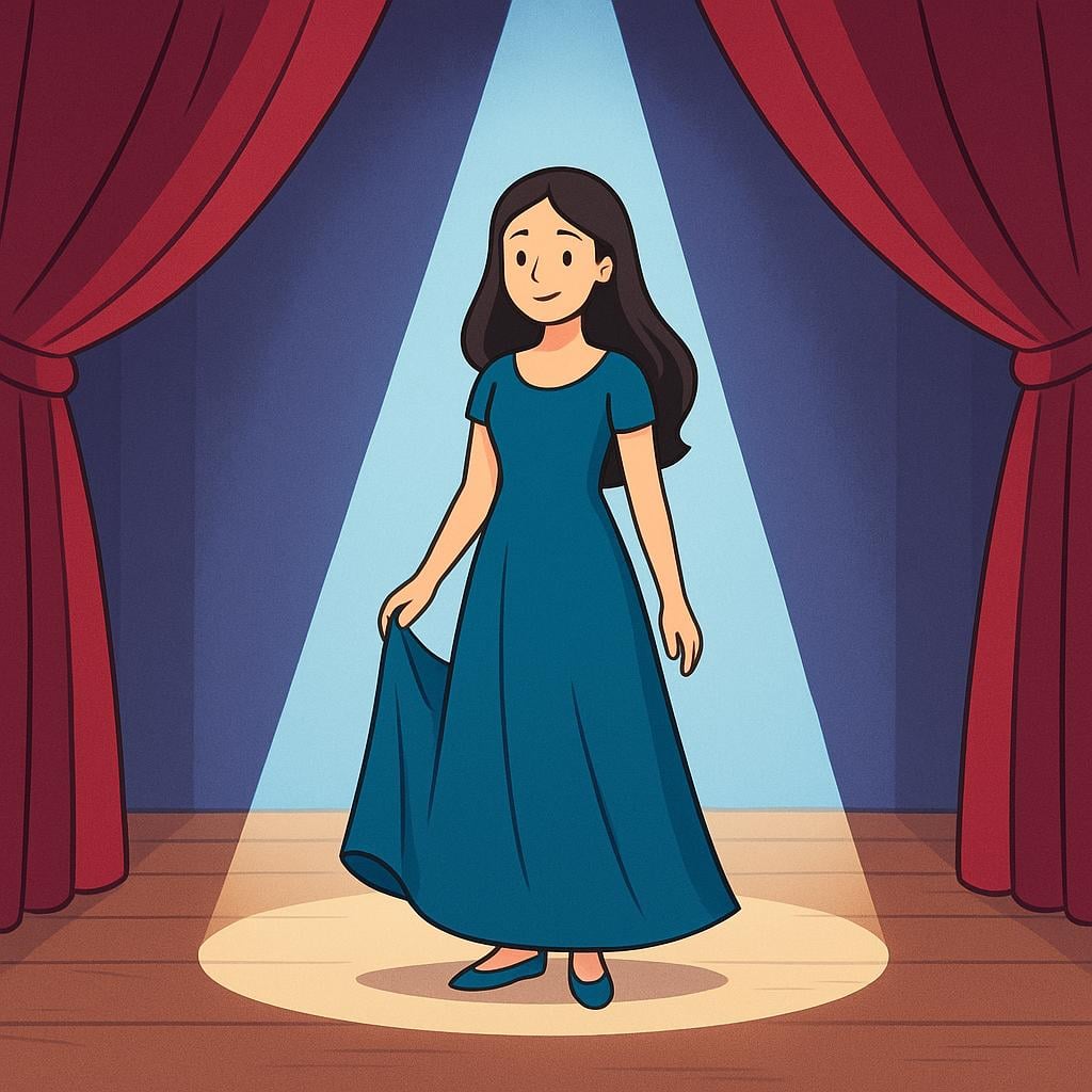 A woman standing center stage under a bright spotlight, wearing an elegant purple gown, illustrating the role of an actress.