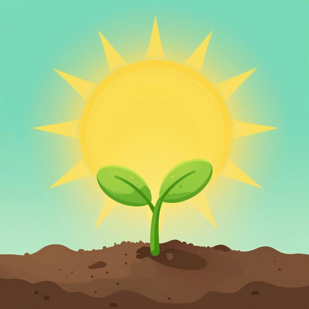 A small plant growing taller as the sun rises over the horizon.