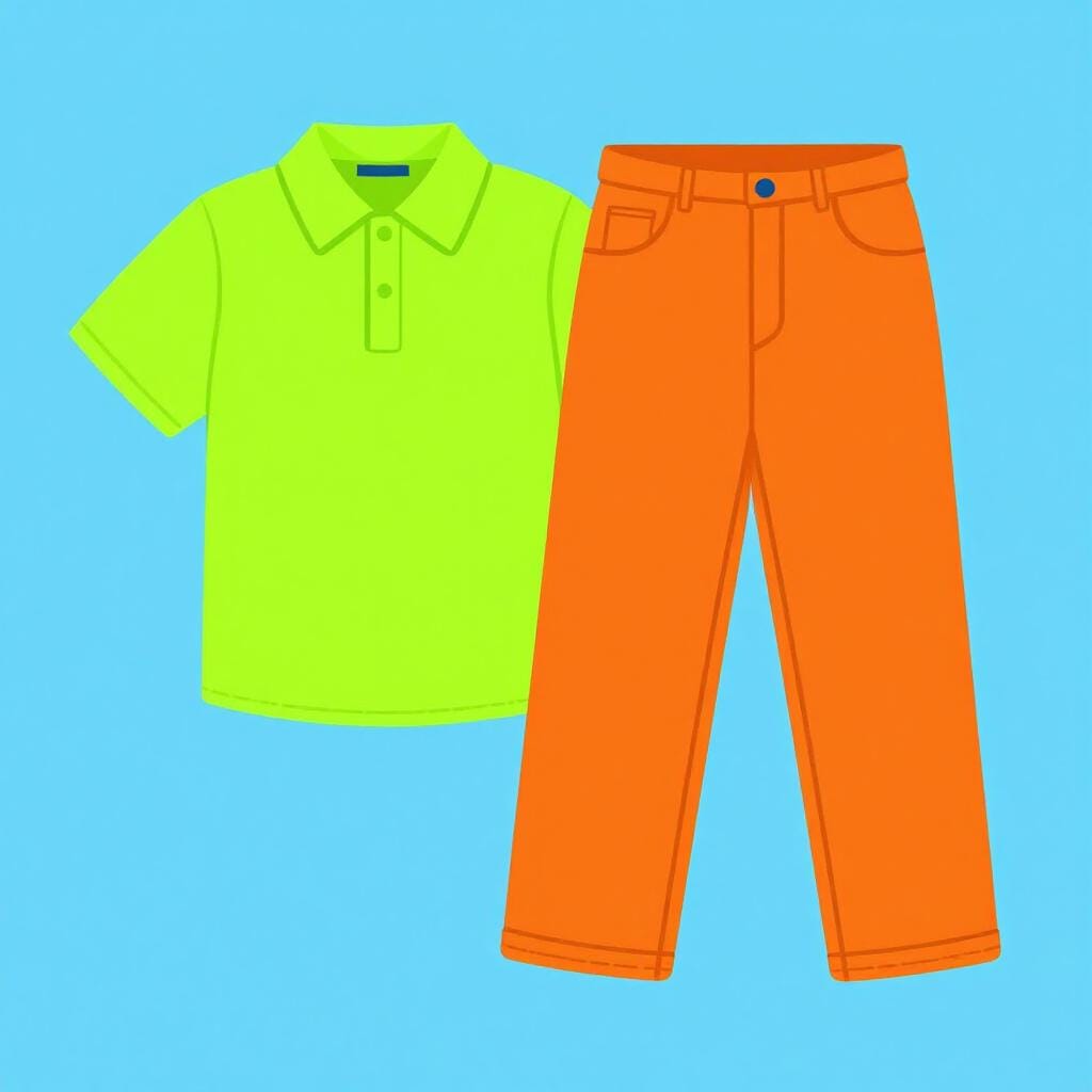 Een fel neon groen shirt naast een fel neon oranje broek.