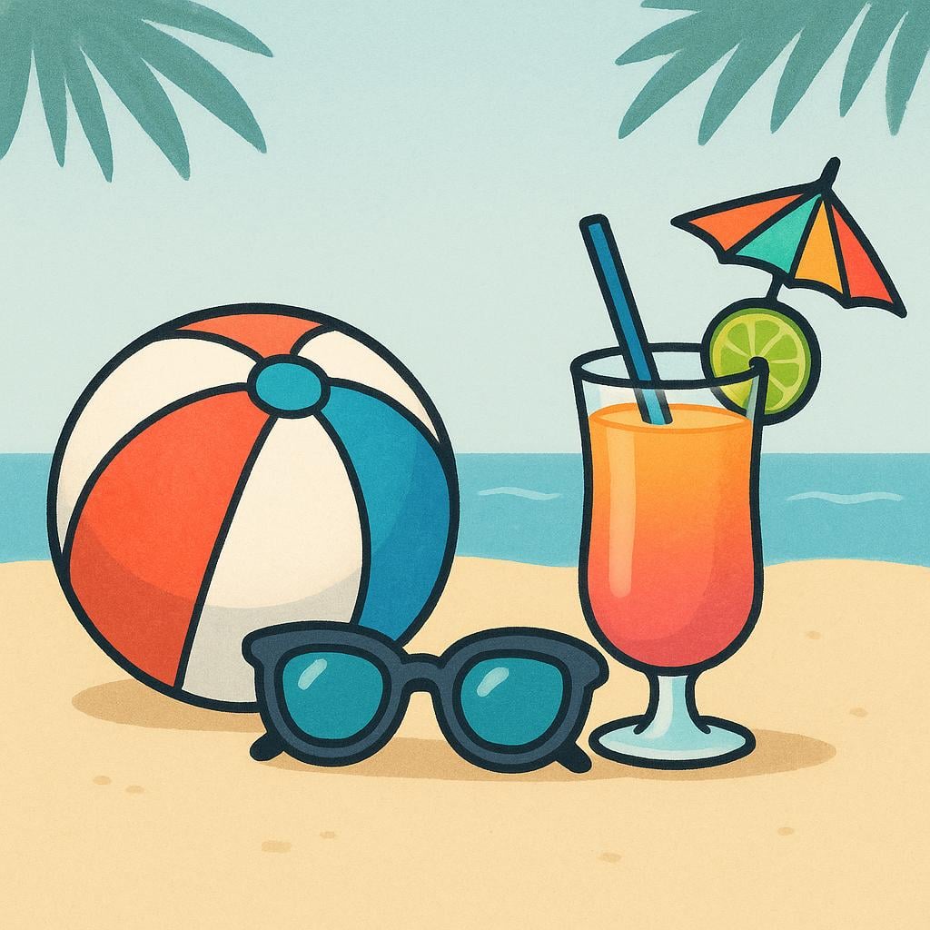 A colorful beach ball, a pair of sunglasses, and a glass of juice grouped together.