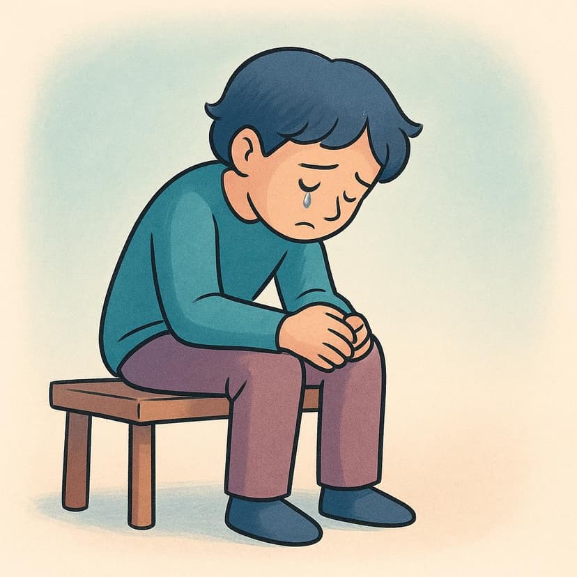 A high quality simple colorful storybook illustration showing a young person sitting alone, hunched over with their hands clasped around their knees, displaying a clearly worried and stressed expression.