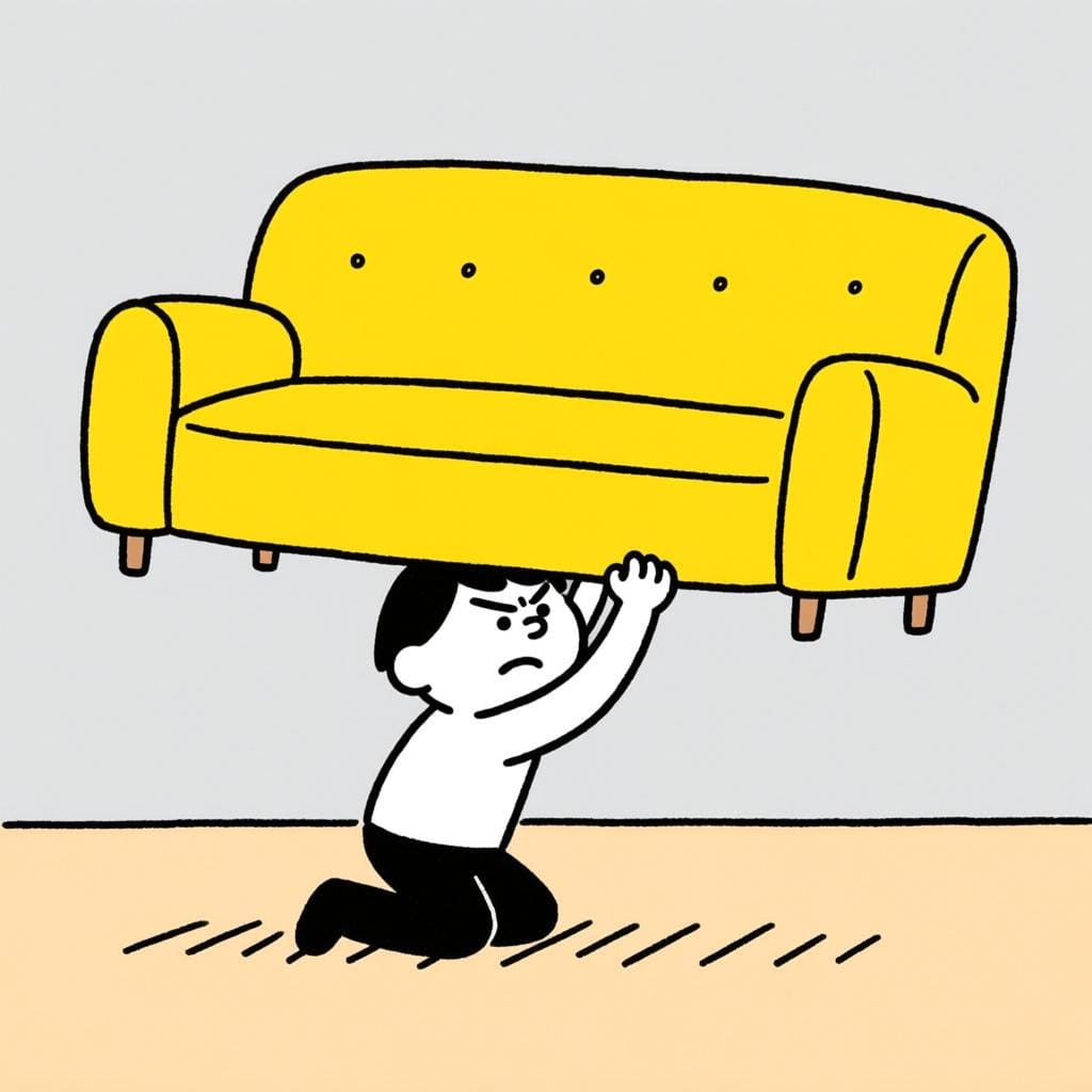 A small, colorful storybook illustration of a focused person kneeling down, lifting up a sofa cushion and peering underneath, illustrating the action of searching for something lost.