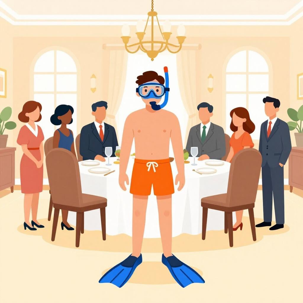 Une personne portant un short de bain coloré et un masque de plongée lors d'un dîner formel.
