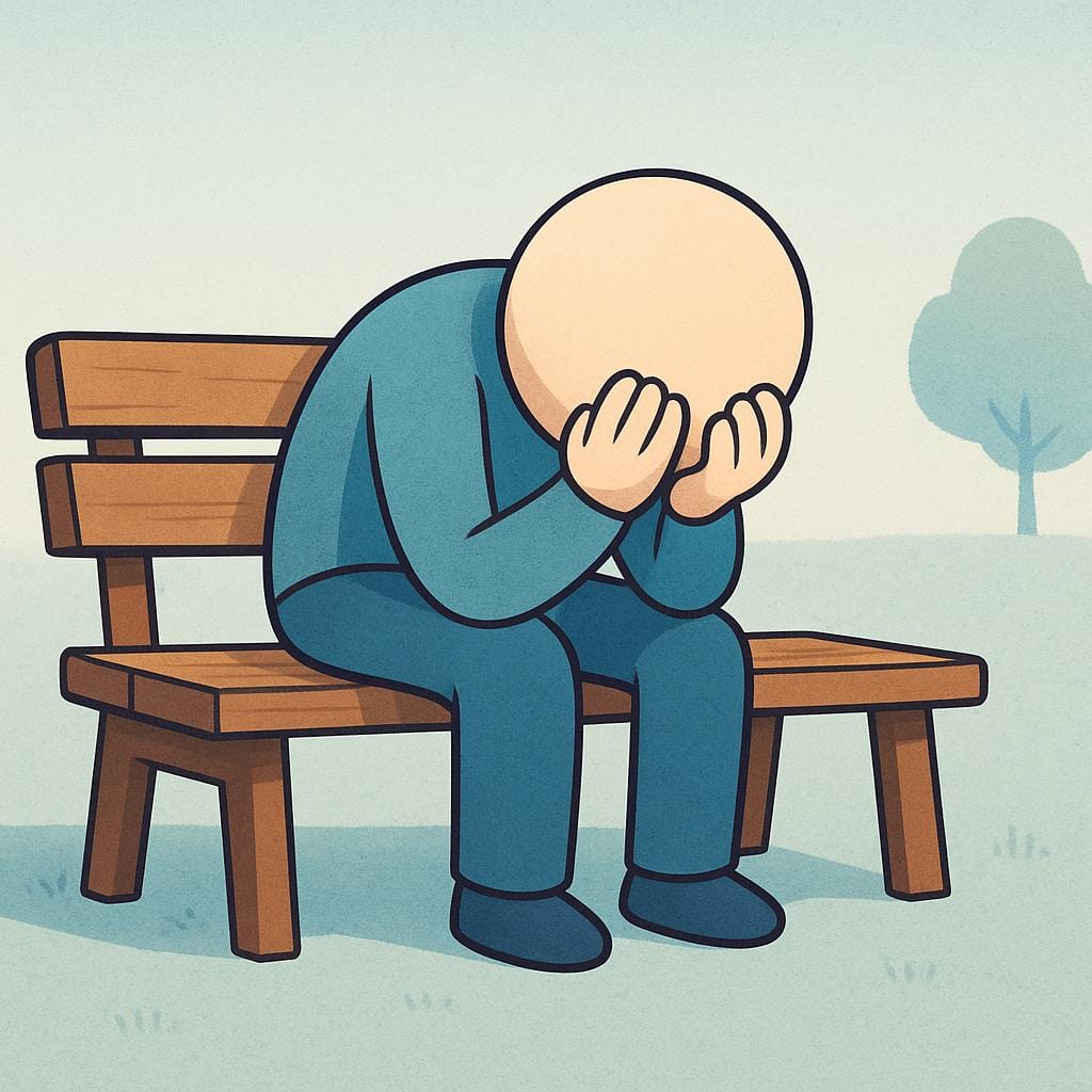 A simple cartoon figure sitting alone on a wooden bench, hunched over with their head in their hands, conveying deep sadness and emotional distress.