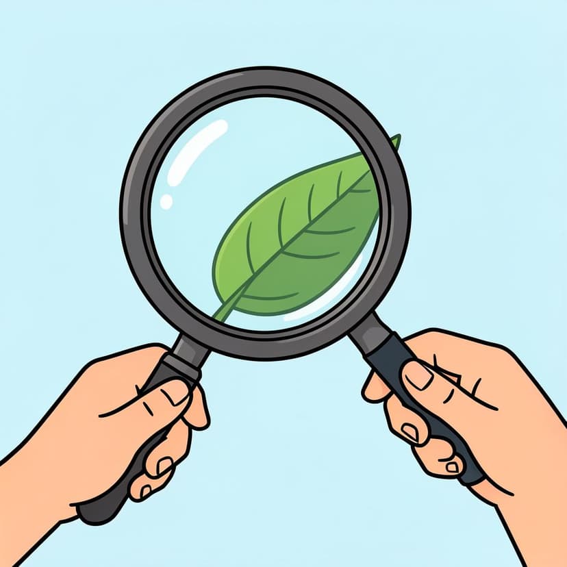 A person looking at a small green leaf through a large magnifying glass.