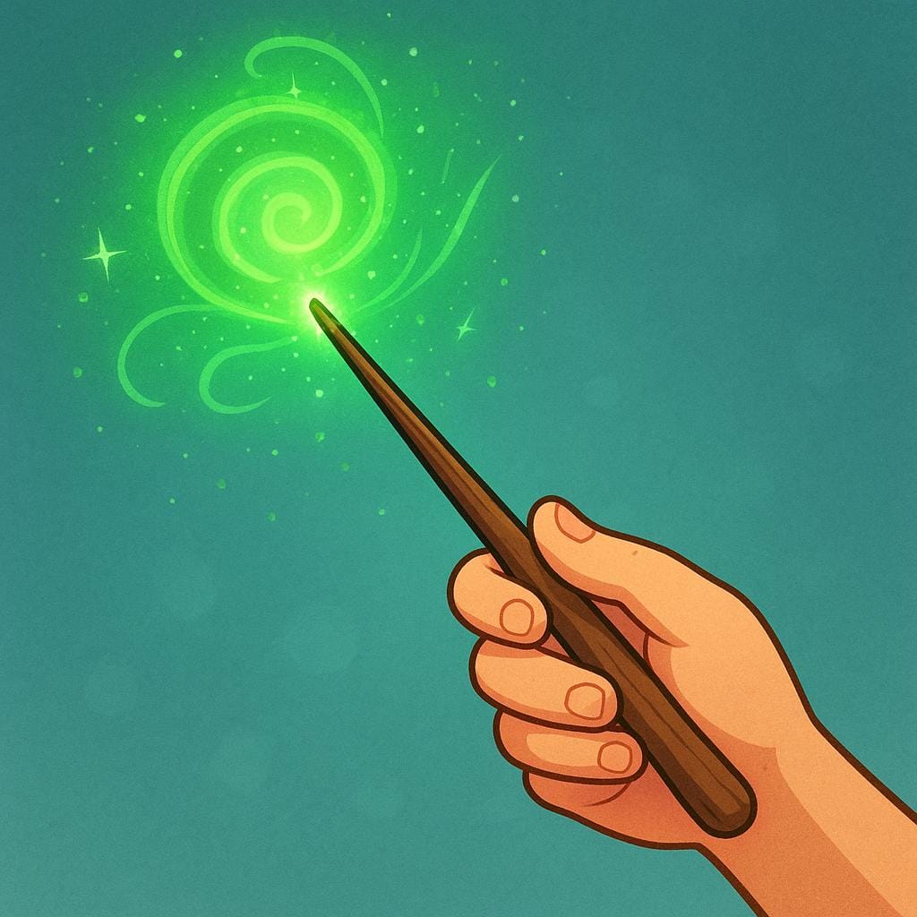 A simple storybook illustration of a hand holding a wooden wand emitting bright green magical sparks and swirls, representing a spell.