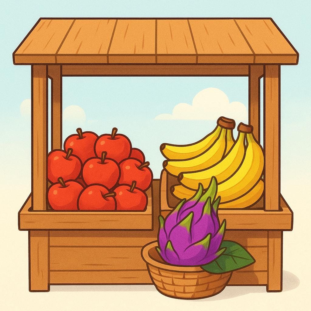 A simple wooden market stall displaying common red apples and yellow bananas. Placed distinctly among them is a single, brightly colored, exotic purple dragon fruit, clearly originating from a different region.