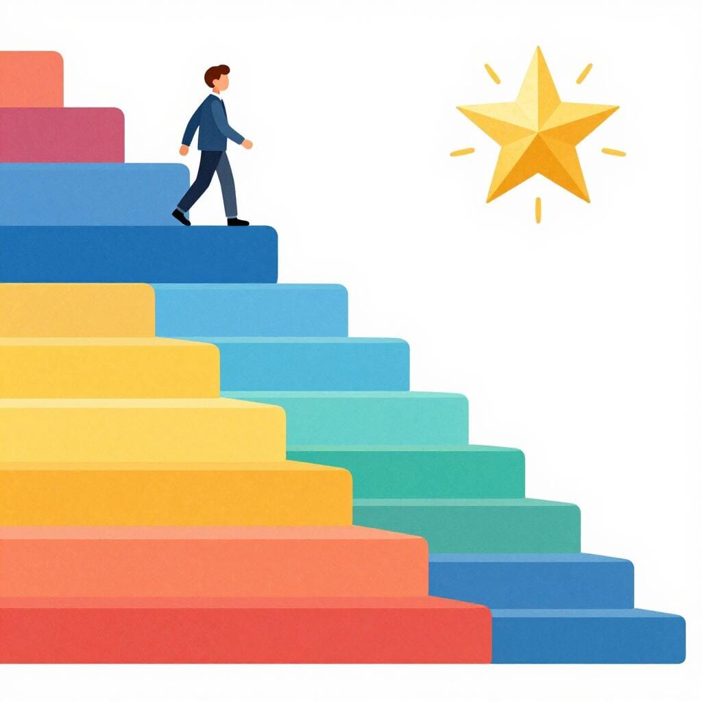 Une illustration de livre d'histoires coloré d'une personne montant une série de marches ascendantes représentant la croissance professionnelle.