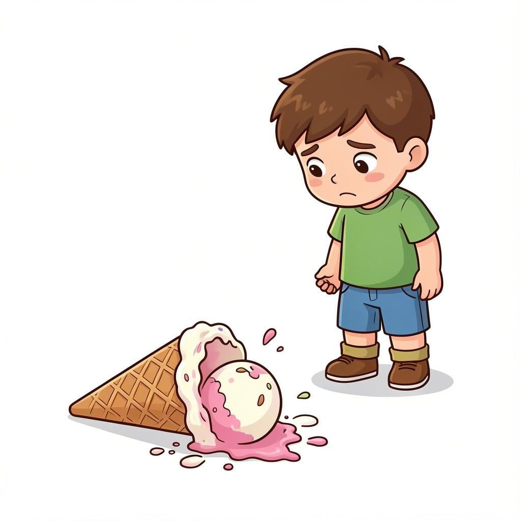 A child looking sadly at a dropped and broken ice cream cone on the sidewalk.