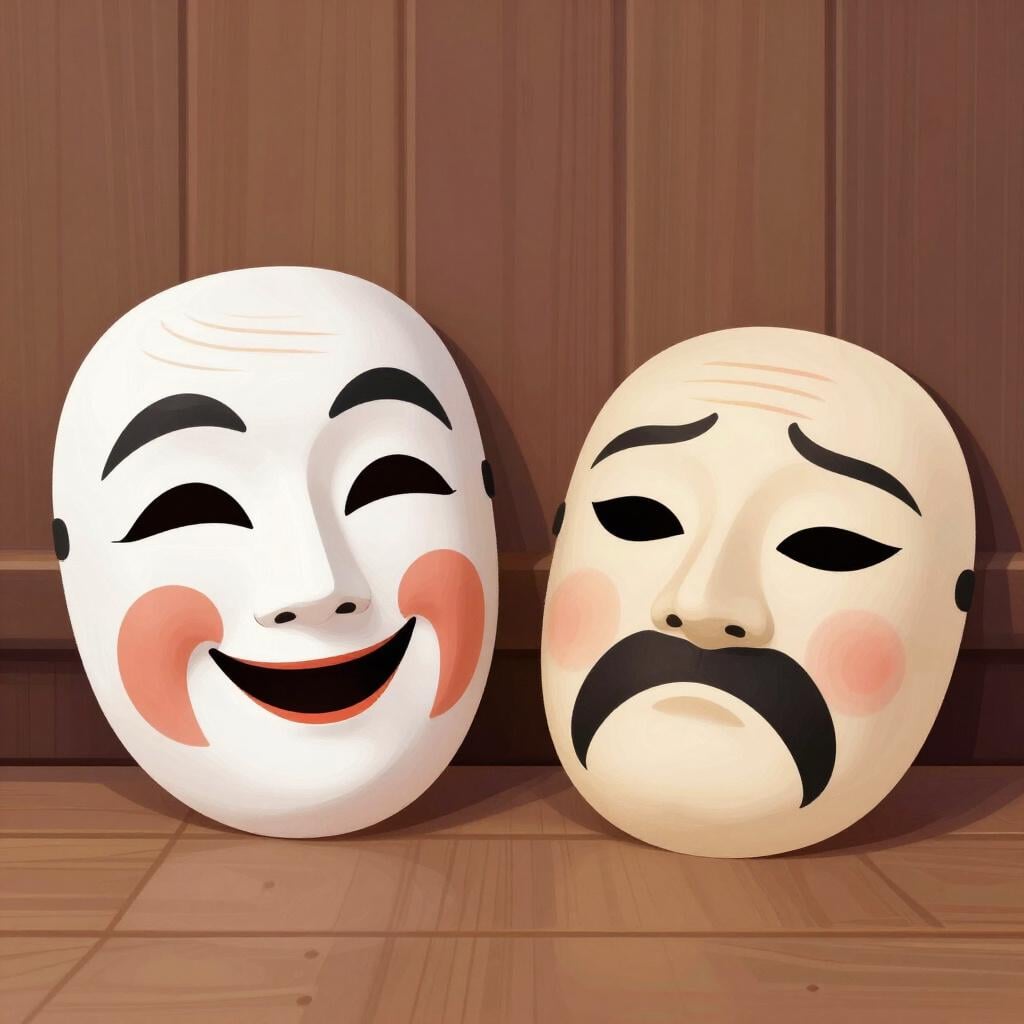 Duas máscaras teatrais simples, uma sorrindo e outra carrancuda, repousando lado a lado no chão de um palco de madeira, simbolizando diferentes papéis.