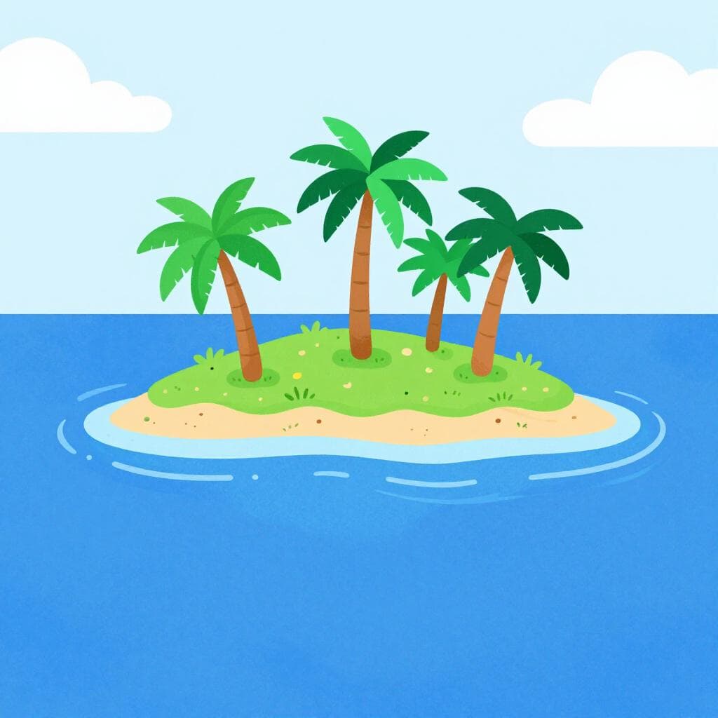 Una mappa colorata dell'isola di Porto Rico con un sole splendente e palme tropicali.