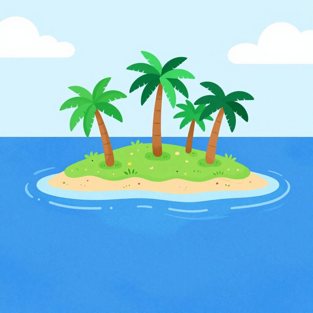 Een kleurrijke kaart van het eiland Puerto Rico met een heldere zon en tropische palmbomen.