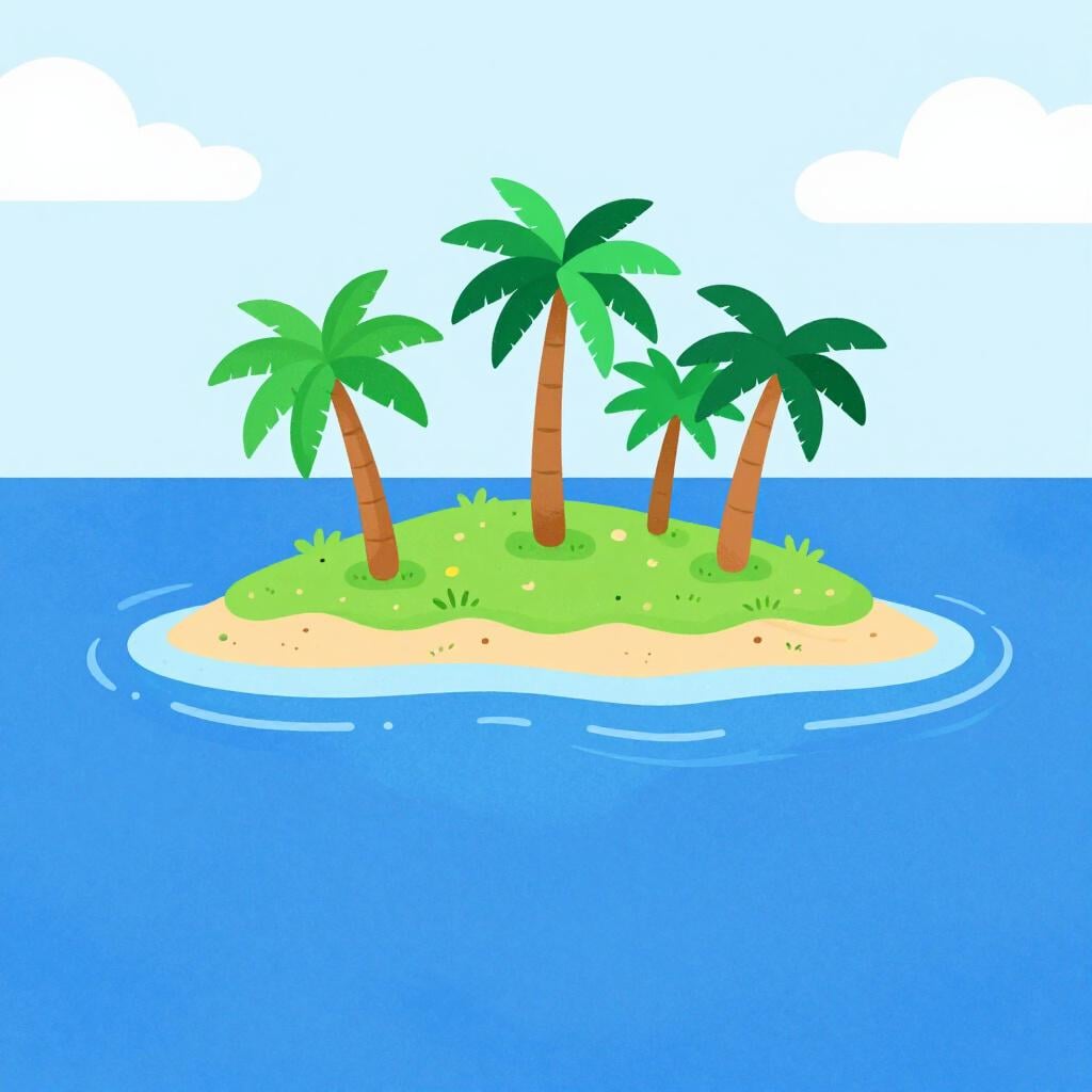 Una mappa colorata dell'isola di Porto Rico con un sole splendente e palme tropicali.