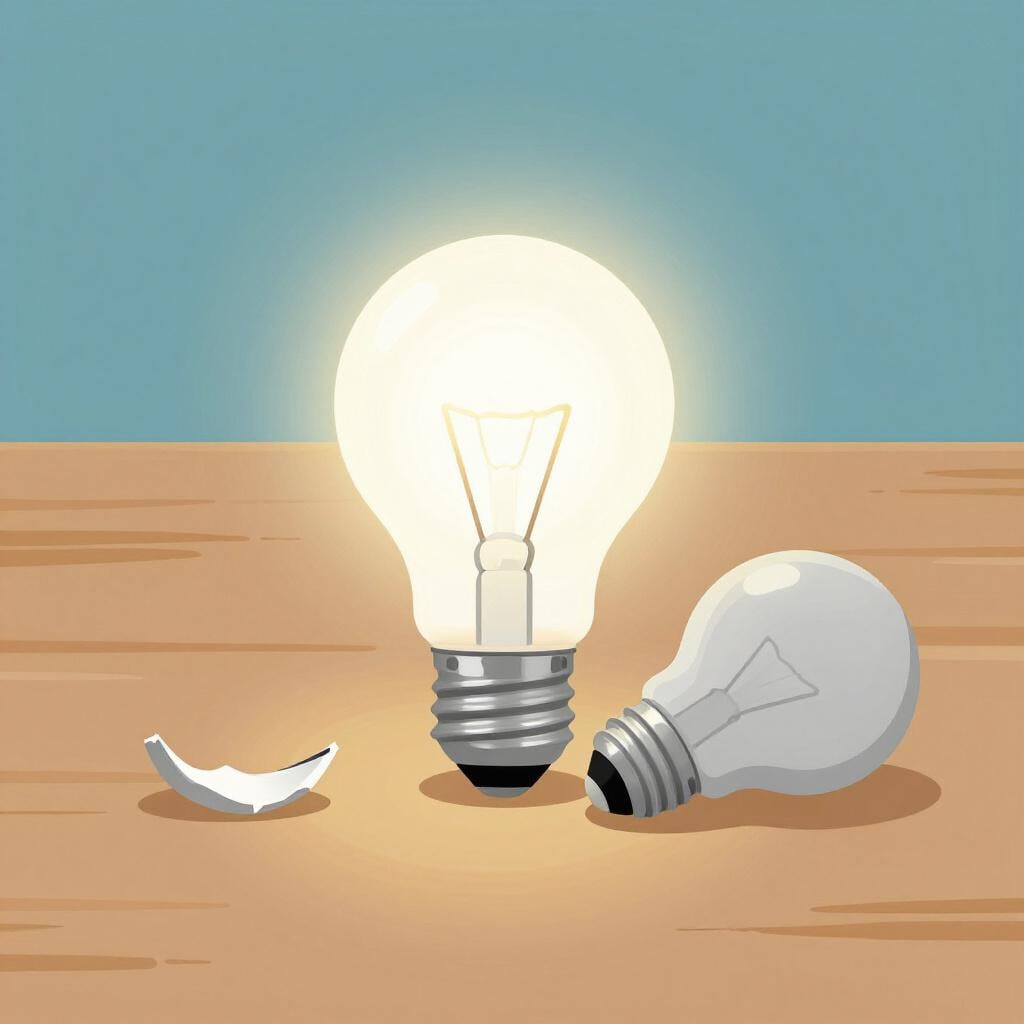 A shiny new lightbulb sitting on a table next to a burnt-out, dark lightbulb.