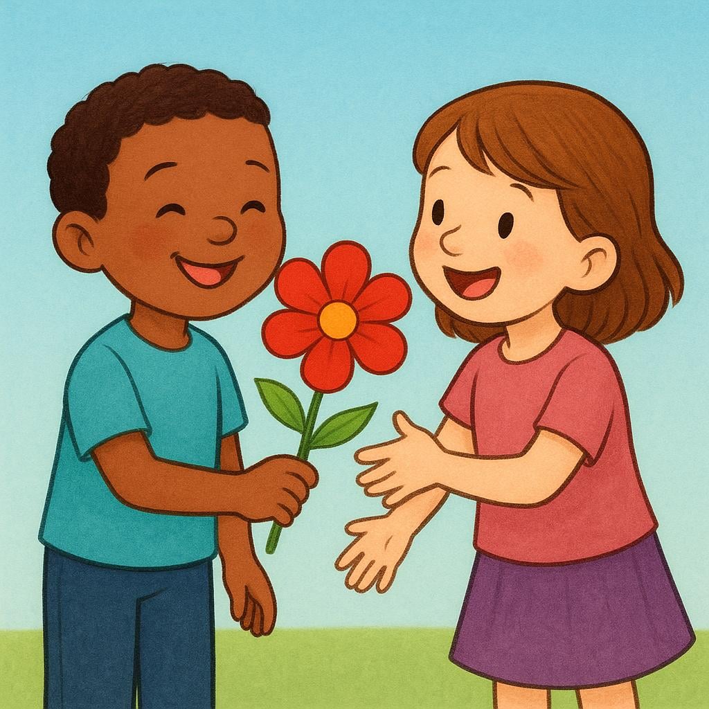 A high quality storybook illustration showing a happy child holding a single red flower and presenting it directly towards another smiling child.