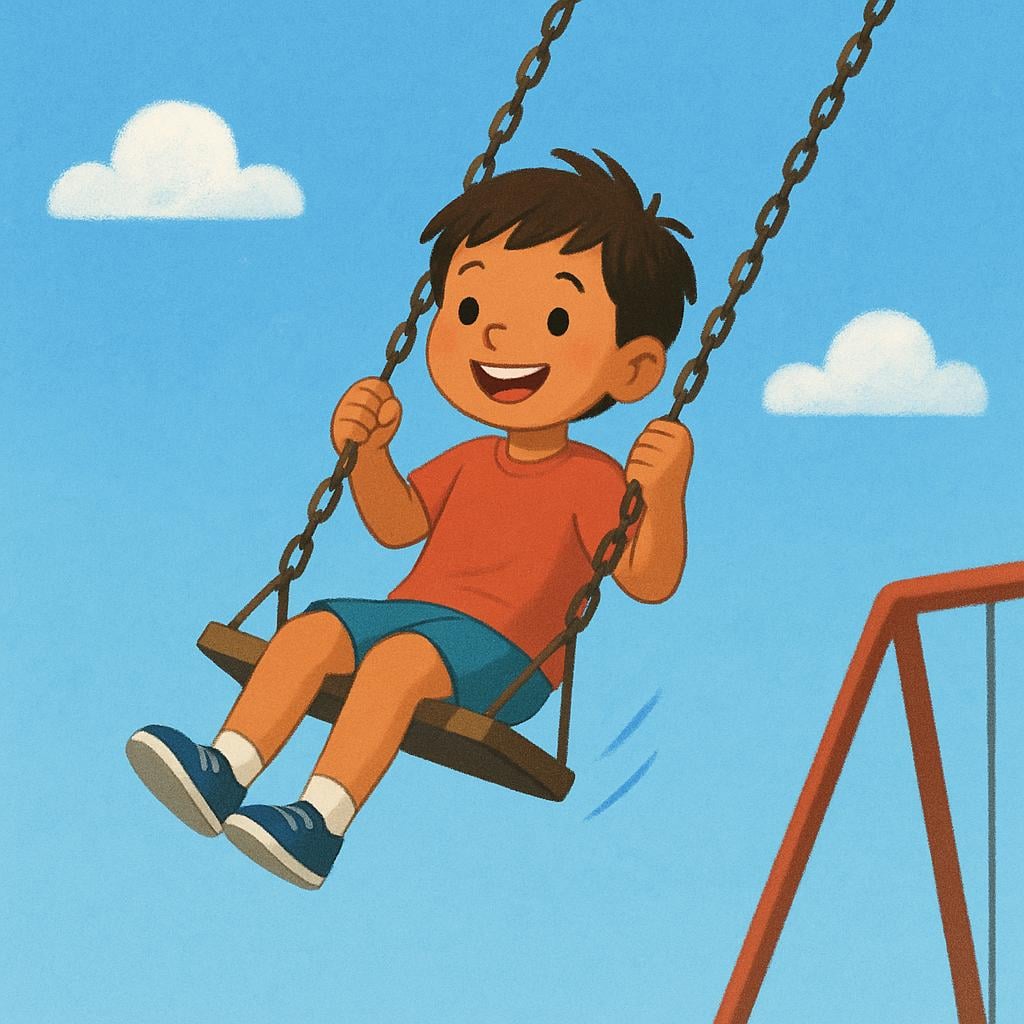 A single young child with a wide smile is swinging high on a bright red playground swing, showing obvious joy.