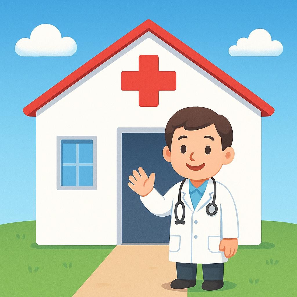 A simple illustration of a small medical clinic building featuring a red cross symbol and a friendly doctor standing in the doorway.