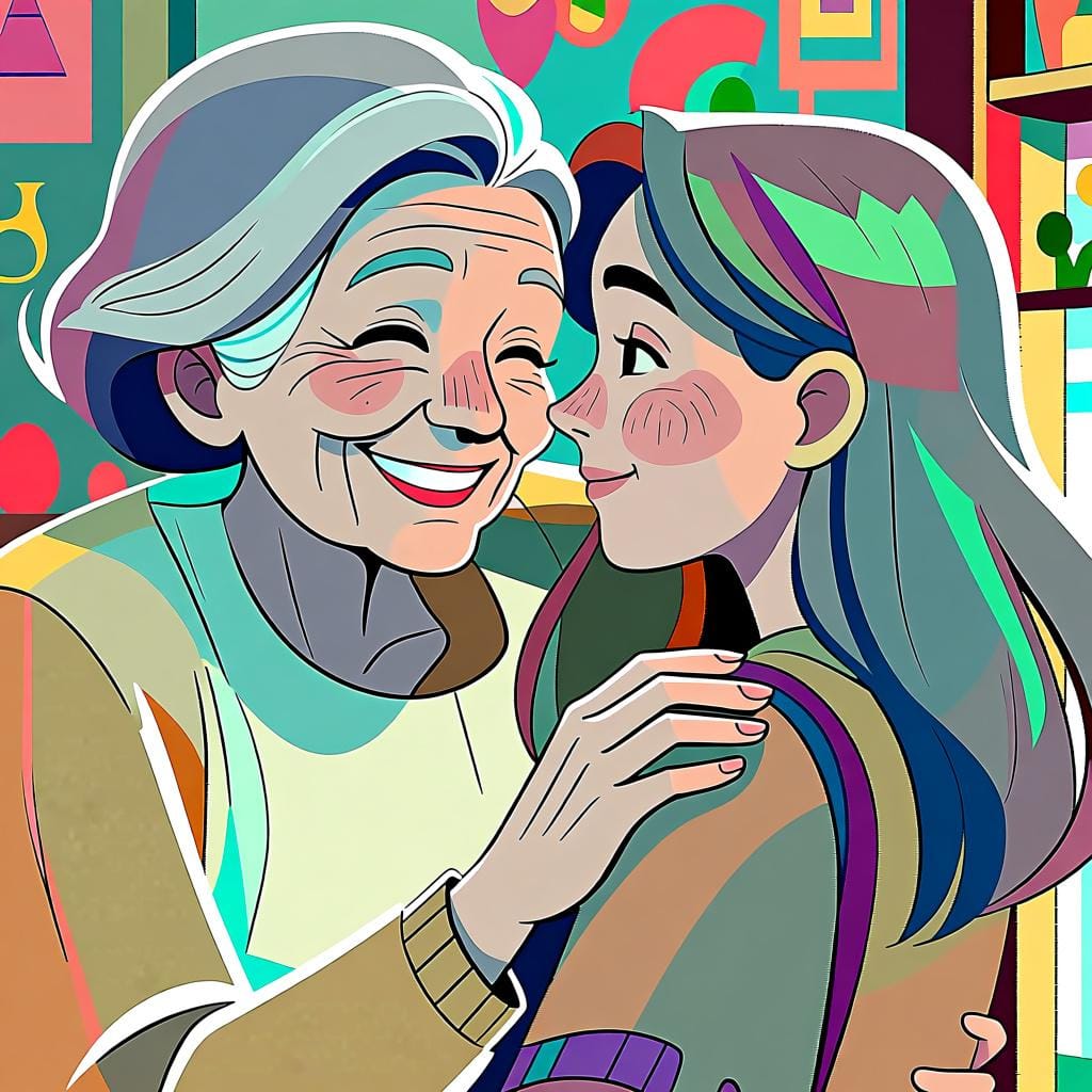An older woman tenderly smiling at a younger woman, placing her hand gently on the younger woman's shoulder to show affection.