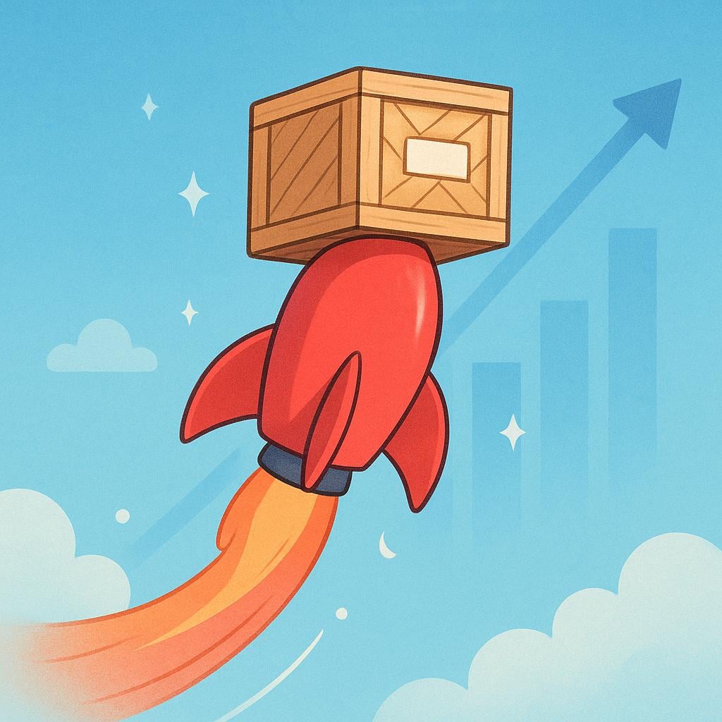 A stylized rocket ascending vertically into the sky, carrying a small icon representing a shopping cart or house, illustrating rapidly increasing costs.