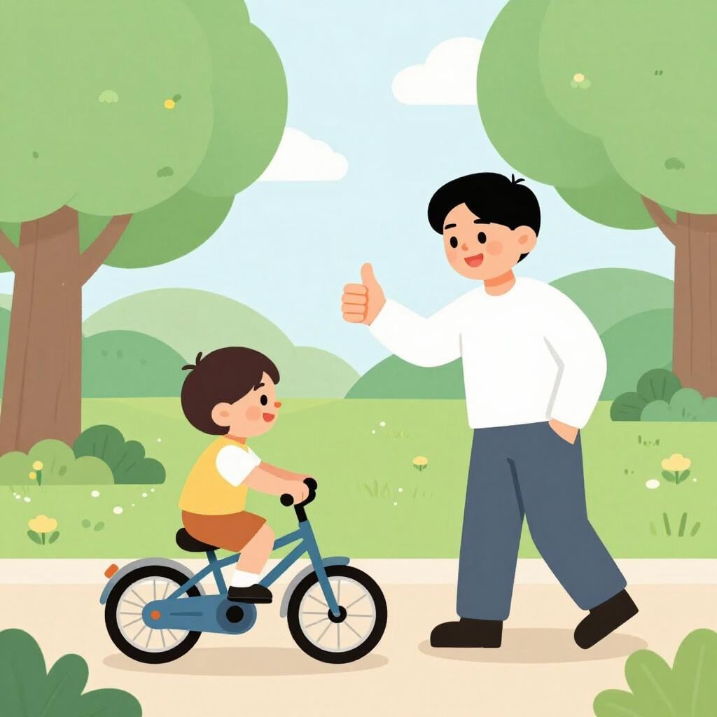 An older person smiling warmly and giving a thumbs up to a child who is learning to ride a bike.