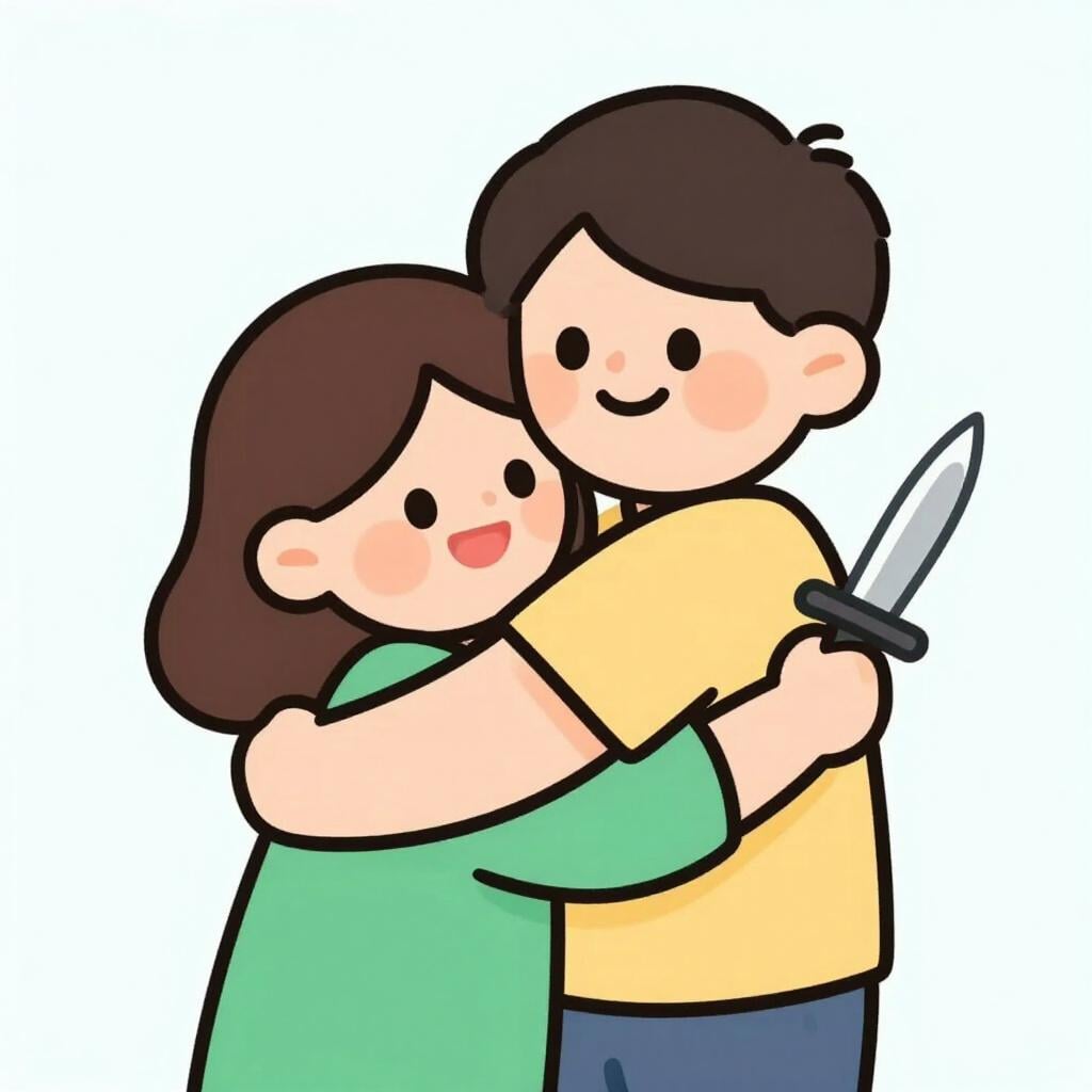 초록색 셔츠를 입은 사람이 친구에게 웃으며 등 뒤에 숨겨진 단검을 들고 있는 모습.