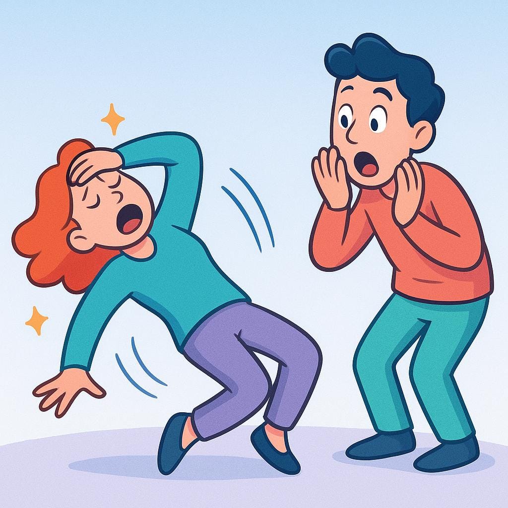 一方がもう一方の膝の上で大げさに泣いている、非常に誇張されたメロドラマチックな場面を描いたカラフルなイラスト。
