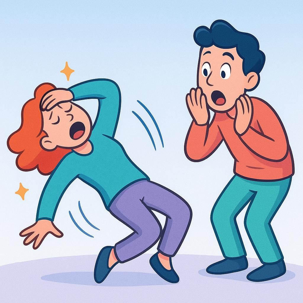 A colorful illustration depicting a highly exaggerated, melodramatic scene where one figure is dramatically weeping into the lap of another figure.