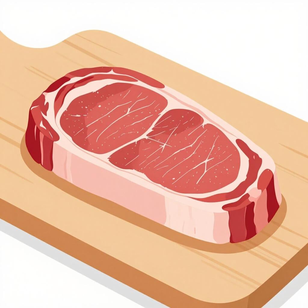 A raw steak of light red meat on a wooden cutting board.