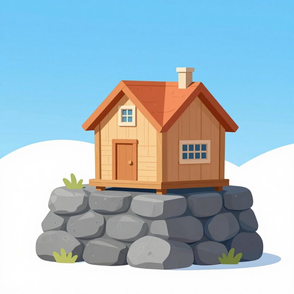 Een klein houten huis dat op een zeer dikke en solide grijze stenen fundering staat.