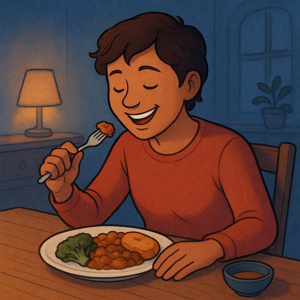 A storybook illustration showing a person sitting at a wooden table, happily eating a plate of food indoors under warm, dim lighting, signifying the evening meal.
