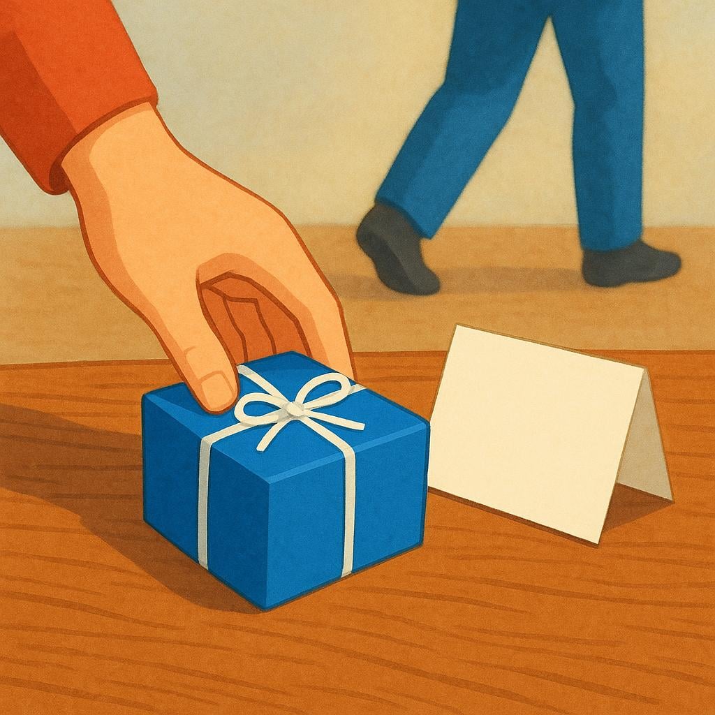 A person gently placing a small, wrapped blue gift and a folded note on a wooden table. The person is turning to walk away, indicating the item is left for someone else.
