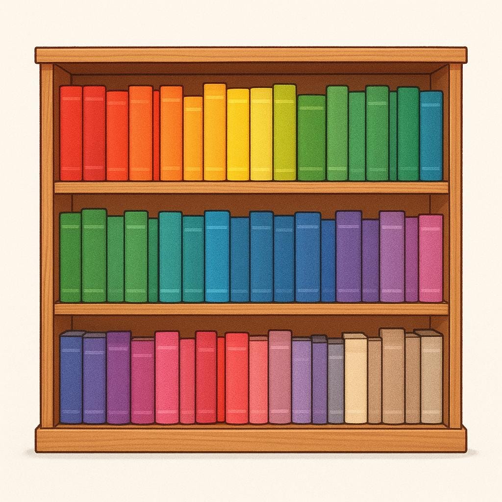 Uma estante de madeira perfeitamente organizada com livros de cores vivas alinhados e classificados por cor.