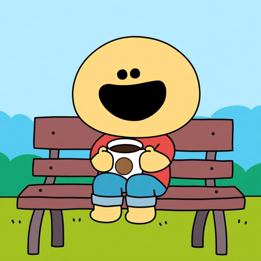 A cheerful cartoon character sitting comfortably on a park bench, holding a mug of coffee, with a constant, wide smile, illustrating a persistent state of happiness.