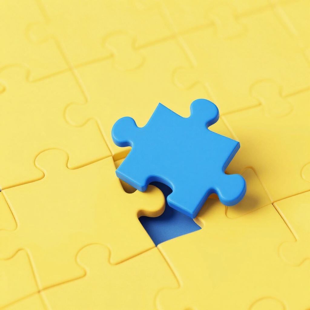 A single blue puzzle piece fitting into a gap in a yellow puzzle.
