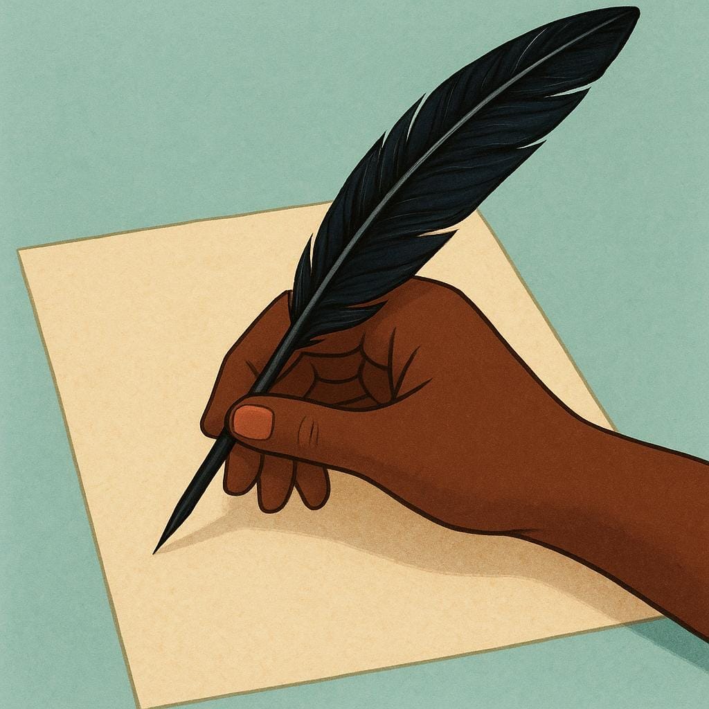 A simple illustration showing a hand holding a feather quill poised just above a blank piece of parchment, indicating the action of writing.