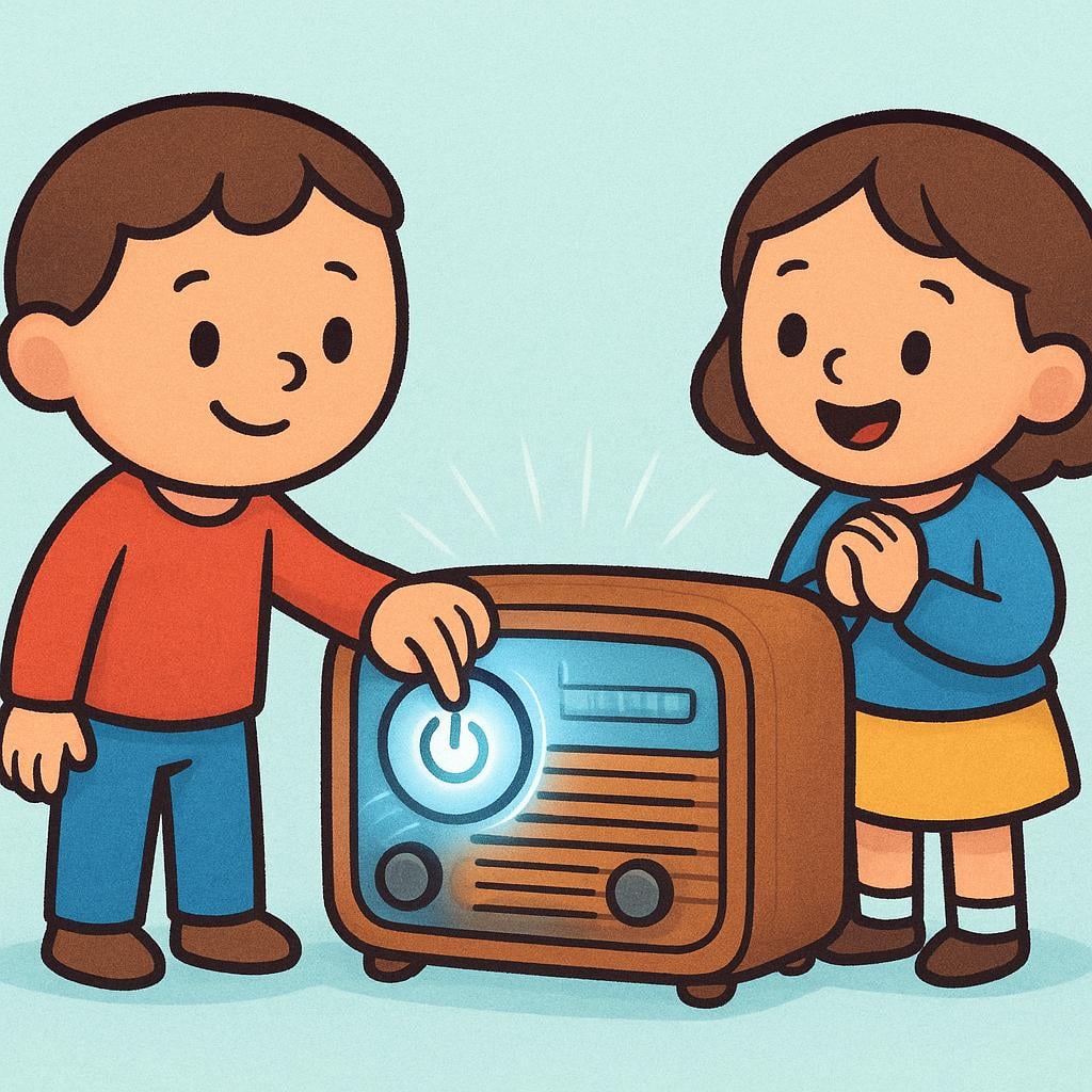 Two cartoon figures turning on a vintage radio by pushing a large, clearly visible power button, which causes the radio speaker to emit a bright, friendly glow.
