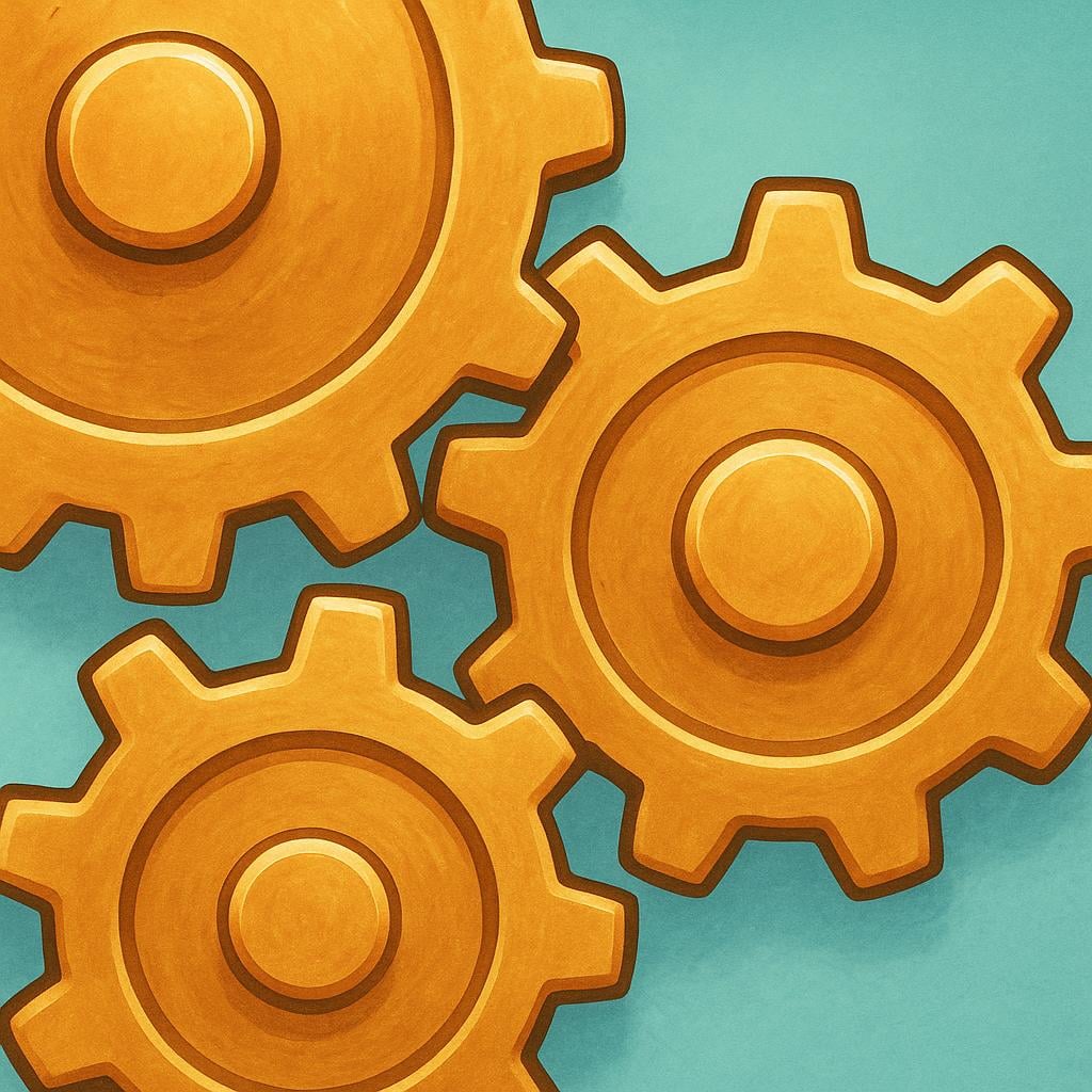 A close-up illustration of three interlocking, shiny brass gears positioned against a soft, solid background, emphasizing their mechanical relationship.