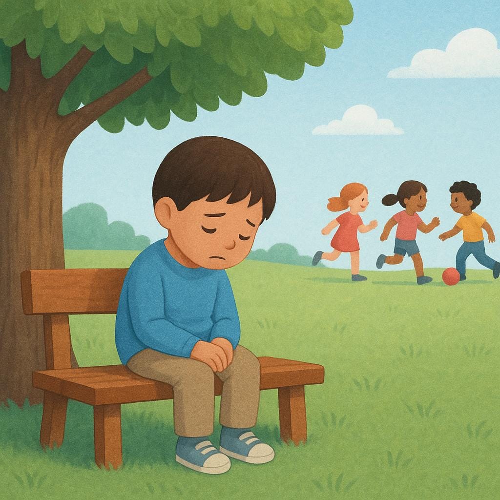 A small child sitting alone on a wooden bench under a large tree, looking sad and physically separated from a distant group of playing children.
