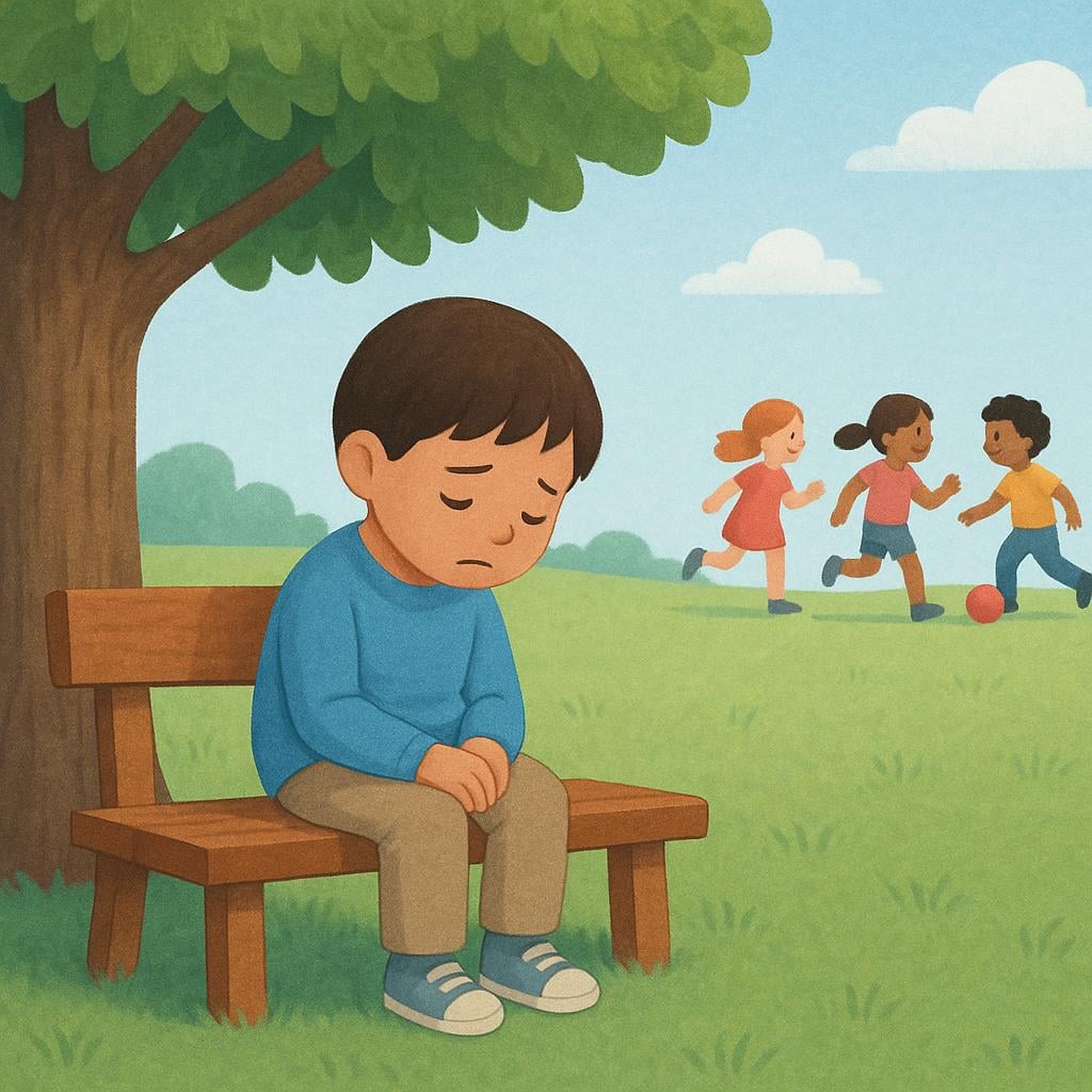 A small child sitting alone on a wooden bench under a large tree, looking sad and physically separated from a distant group of playing children.